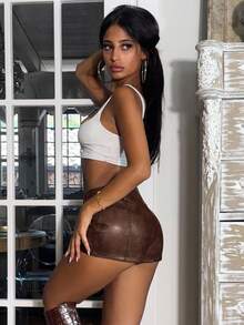 Ronhire 女式纯色拉链门襟时尚百搭短裤 - 摩卡棕 - 查看 3