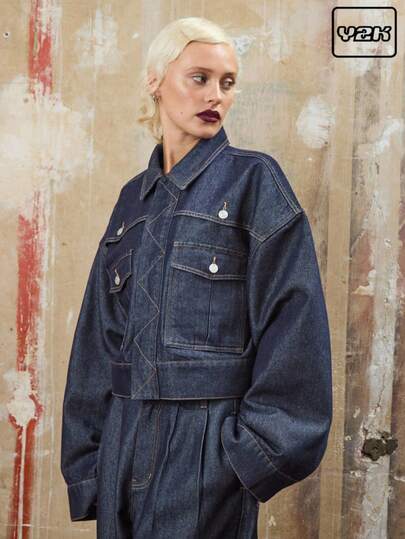 COUREZ 短款宽松牛仔夹克，采用原始牛仔布制成，带有对比色缝线 /Y2K 女士秋季服装 女士冬季服装 外出服装 女士冬季夹克 时尚街头休闲