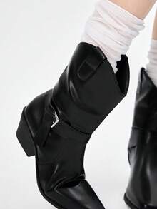 ROMWE Goth Giày bốt cổ ngắn nữ mũi nhọn, xếp ly, khóa cài, gót chunky thời trang. - màu đen - Xem 3