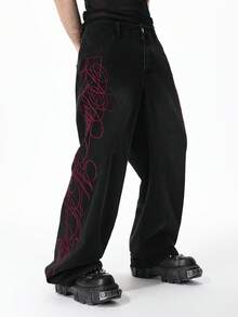 ROMWE MEN Street Life Men's Casual Fashion Street Cross Embroidery Curved Knife Loose Fit Jeans - Black - View 4