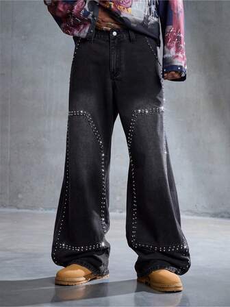 Men's Casual Washed Dark Rivet Curved Jeans