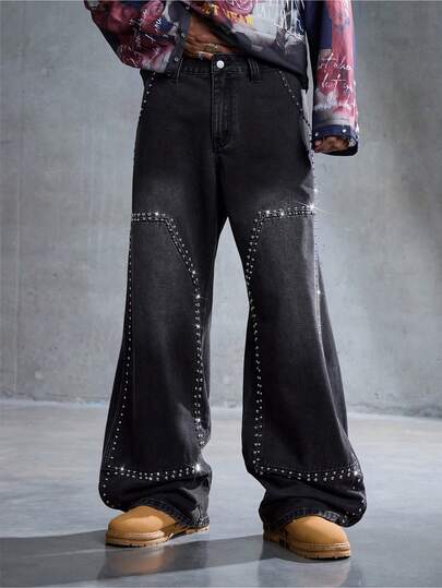 Men's Casual Washed Dark Rivet Curved Jeans