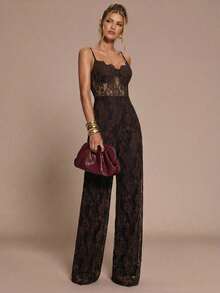 SHEIN BAE 女士蕾丝拼接性感时尚度假派对连体裤 - 咖啡棕 - 查看 3