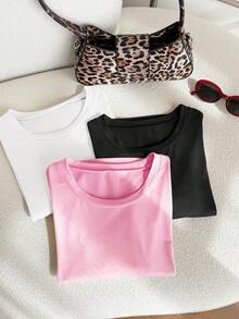 Comfortcana 3pcs/Set Plus Size Basic Crew Neck Short Sleeve Colorful T-Shirts - Pink - View 5
