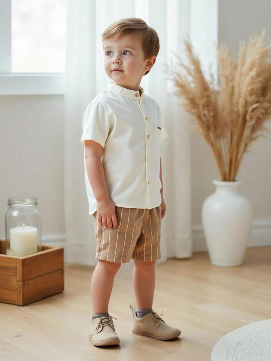 2件套男童休闲舒适百搭立领短袖衬衫+条纹短裤套装，适合上学、郊游、度假、聚会、春夏穿着。 - 杏色 - 查看 1