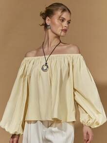 COSMINA 女士优雅露肩褶皱泡泡袖衬衫，通勤、办公、日常穿着、约会皆宜，适合早春穿着。 - 杏色 - 查看 5