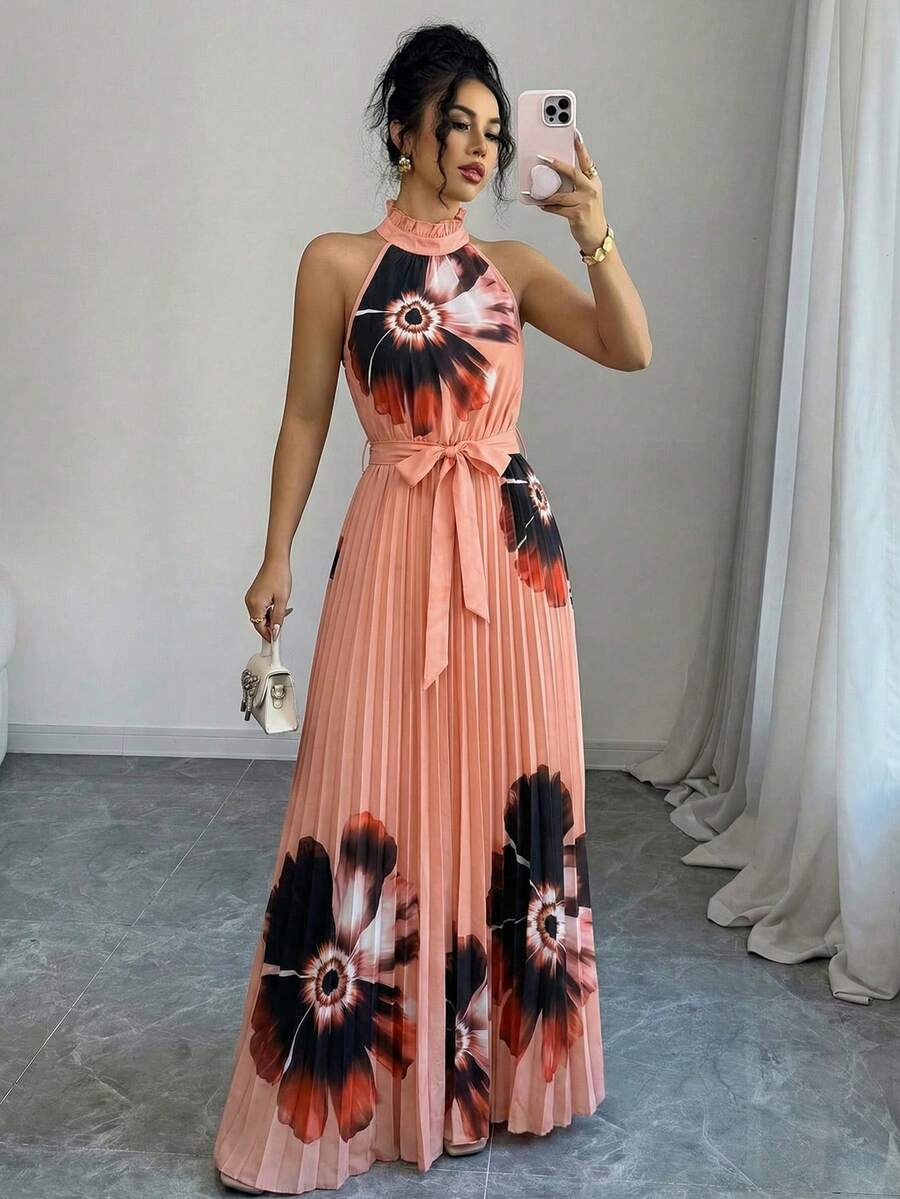 SHEIN Elenzya 女士花卉印花度假优雅荷叶领褶裥腰身A字浪漫连衣裙 - 彩色 - 查看 1