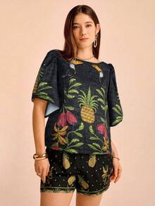 CAJUNI 女士度假杏色亚麻质感鹦鹉、菠萝、热带植物印花夏季圆领短袖休闲宽松沙滩返校印花衬衫 - 綠色 - 查看 5