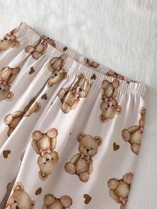 少女睡衣套装 - 两件套，泰迪熊印花，纽扣翻领长袖上衣，长裤，松紧腰带，滚边装饰，中性米色系，可爱睡衣，四季皆宜，2026年假日必备礼物 - 彩色 - 查看 8