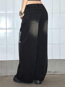 ROMWE Grunge Punk Women's Slogan Print Pocket Wide Leg Loose Casual Jeans - Black - View 3
