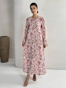 Yasmyna 女士优雅花卉印花贴花阿拉伯风格连衣裙，秋季 - 粉色 - 查看 5