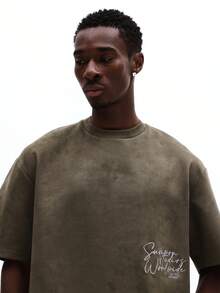 SUMWON Mens Boxy Fit Embroidered Suede Crew Neck Short Sleeve Casual T-Shirt With Text Script Design Plain - Army Green - View 4
