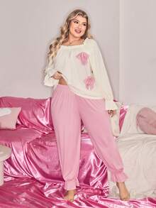 Slumberry CURVE Plus Size Women Cute Bow Decor Flare Sleeve Pajama Set Plus Size Pajama Set Plus Size Loungewear Set Curvy Pajama Sets Plus Size Sleepwear Set Pajamas Plus Size Set Sleep Wear Women 2 Piece Set Pink Pajama Set Pajama Pants 2 Piece Set Bowknot Pajamas Ruffle Trim Pajamas Pink Pj Set Pjs Bridal Pj Set - Multicolor - View 6
