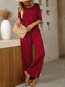 SHEIN Clasi 女士V领宽松印花两件套 - 酒紅色 - 查看 3