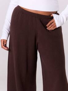 MUSERA Plus Solid Wide Leg Knit Pants - Coffee Brown - View 5