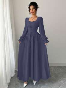Modelyn Women's Solid Color Sweetheart Neck Flare Sleeve Tie-Waist French Elegant Dress - Blue - View 3