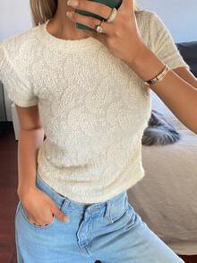 DAZY 女士休闲百搭圆领短袖腰果提花T恤