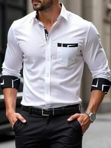 Manfinity Mode 男士休闲撞色领长袖纽扣衬衫，带胸袋 - 轻薄夏季纯色无弹面料，常规版型，适合户外及休闲穿着，休闲新款领衬衫，百搭上衣，现代男装，经久耐穿，时尚男士 - 白色 - 查看 3