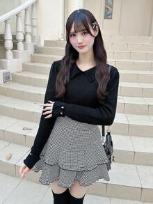 FRIFUL Sweater Kasual Wanita Lengan Panjang Kerah Lipat Warna Polos dengan Kancing - Hitam - View 4