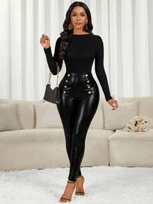 SHEIN Lady 女士时尚金属扣高腰打底裤