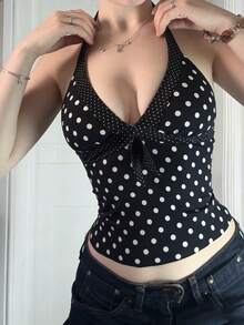 Rina Fox Áo camisole gợi cảm ôm sát kiểu retro chấm bi dành cho nữ cỡ lớn - màu đen - Xem 1