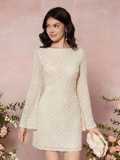 Pitira Pitira Teen Girls Mid-Calf Long Sleeve Solid Color Dress, Fashionable For Summer,Summer Dresses ,Apricot Dresses,Clean Girl, Elegant Dress, Back To School Season