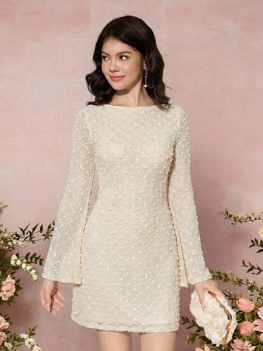 Pitira Pitira Robe longue mi-mollet à manches longues pour adolescentes, couleur unie, mode pour l'été, robes d'été, robes abricot, robe élégante, rentrée scolaire - Nude - Voir 1