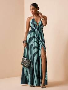 Zivah 2026春夏新款，适合情人节、婚礼季、音乐节、复活节、西式风格、游牧风格、波西米亚海滩度假，露背、高开衩、斑马纹连衣裙 - 彩色 - 查看 6