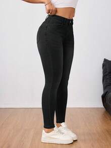 Jeanoix Plus Size High Waist Solid Color Skinny Jeans - Dark Grey - View 3