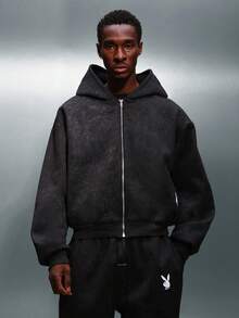 PLAYBOY X SUMWON Acid Washed Zip Through Hoodie With Centre Pocket Vintage Style Comfortable Casual Sweatshirt Winter Streetwear Essential