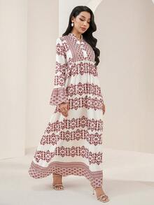 Veilorie Women's Spring/Autumn Modest Vacation Style Floral Print Notched Neck Flare Sleeve Arabic Dress - Multicolor - View 5