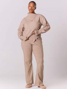 MUSERA Plus Solid Ribbed Knit Pants - Khaki - View 1