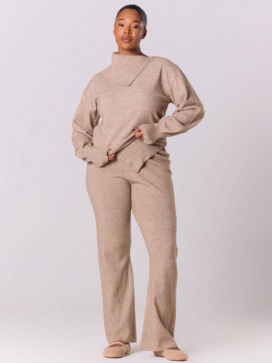 MUSERA Plus Solid Ribbed Knit Pants - Khaki - View 1