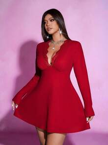 Viva Relle Valentine Plus Size Red Solid V-Neck Lace Trim Flare Hem Mini Dress - Burgundy - View 5