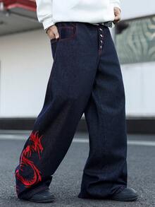 Manfinity EMRG Men's Chinese Dragon Embroidery Button Front Pocket Wide Leg Jeans Men's Embroidered Jeans Men's Embroidered Jeans - Blue - View 4