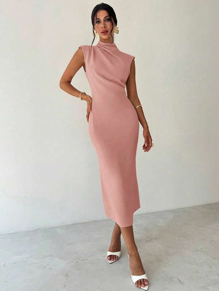 Firerie Vestido largo de mujer elegante y minimalista, de uso casual, para ir al trabajo o de vacaciones, con cuello mao, mangas drapeadas y cintura ceñida, en color albaricoque - Rosa vieja - Ver 5