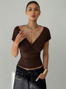 Aloruh Áo thun nữ cổ chữ V tay ngắn phối ren xuyên thấu gợi cảm. - Cà phê nâu - Xem 7