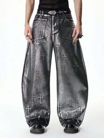Street Life Jeans évasés à coupe ample avec imprimé croix pour hommes