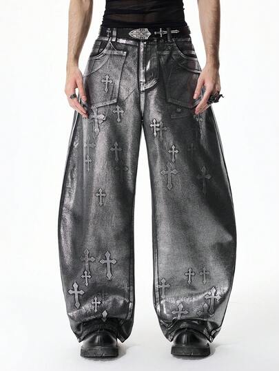 Street Life Jeans ampi con gamba a zampa e stampa a croce rivestita, da uomo