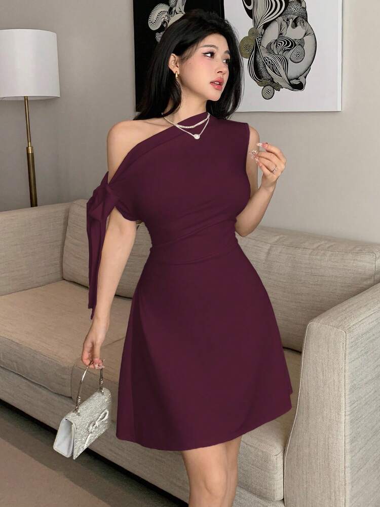 Celisse Vestido corto asimétrico con nudo en la cintura para mujer - rojo intenso - Añade 7