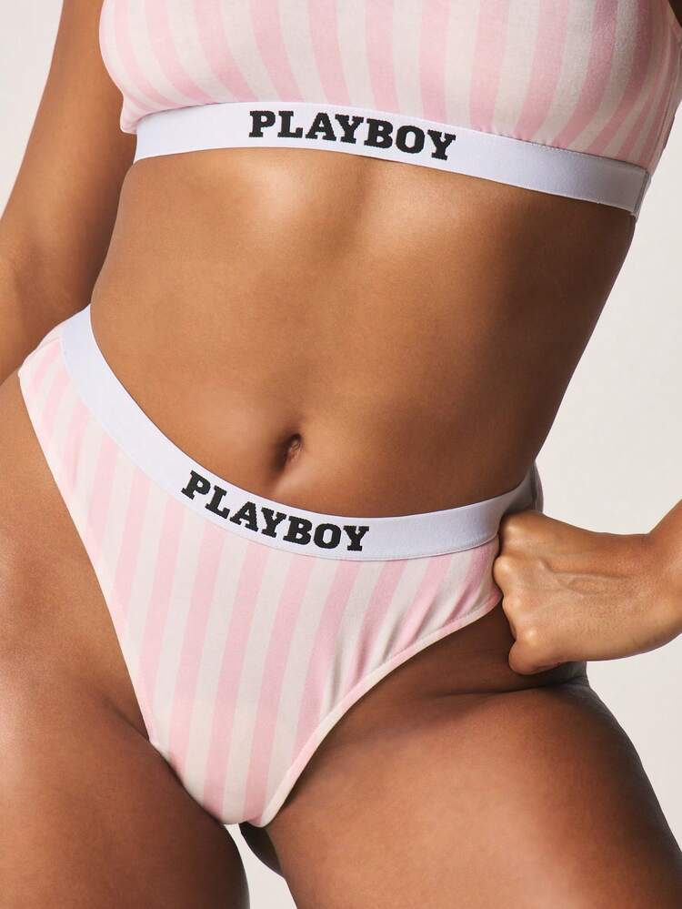 Missguided x Playboy Striped Scoop Neck Bralette And Thong Panty Set With Elastic Band Detail For Everyday Comfort And Intimate Occasions For Valentine