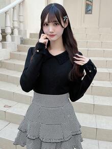 FRIFUL Sweater Kasual Wanita Lengan Panjang Kerah Lipat Warna Polos dengan Kancing - Hitam - View 5