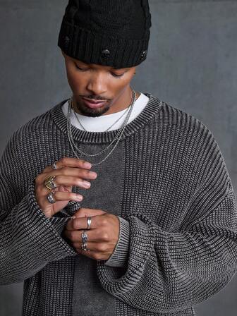 Men's Casual Washed Drop Shoulder Loose Knit Sweater, Autumn/Winter