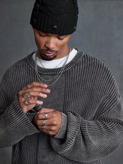 Men's Casual Washed Drop Shoulder Loose Knit Sweater, Autumn/Winter