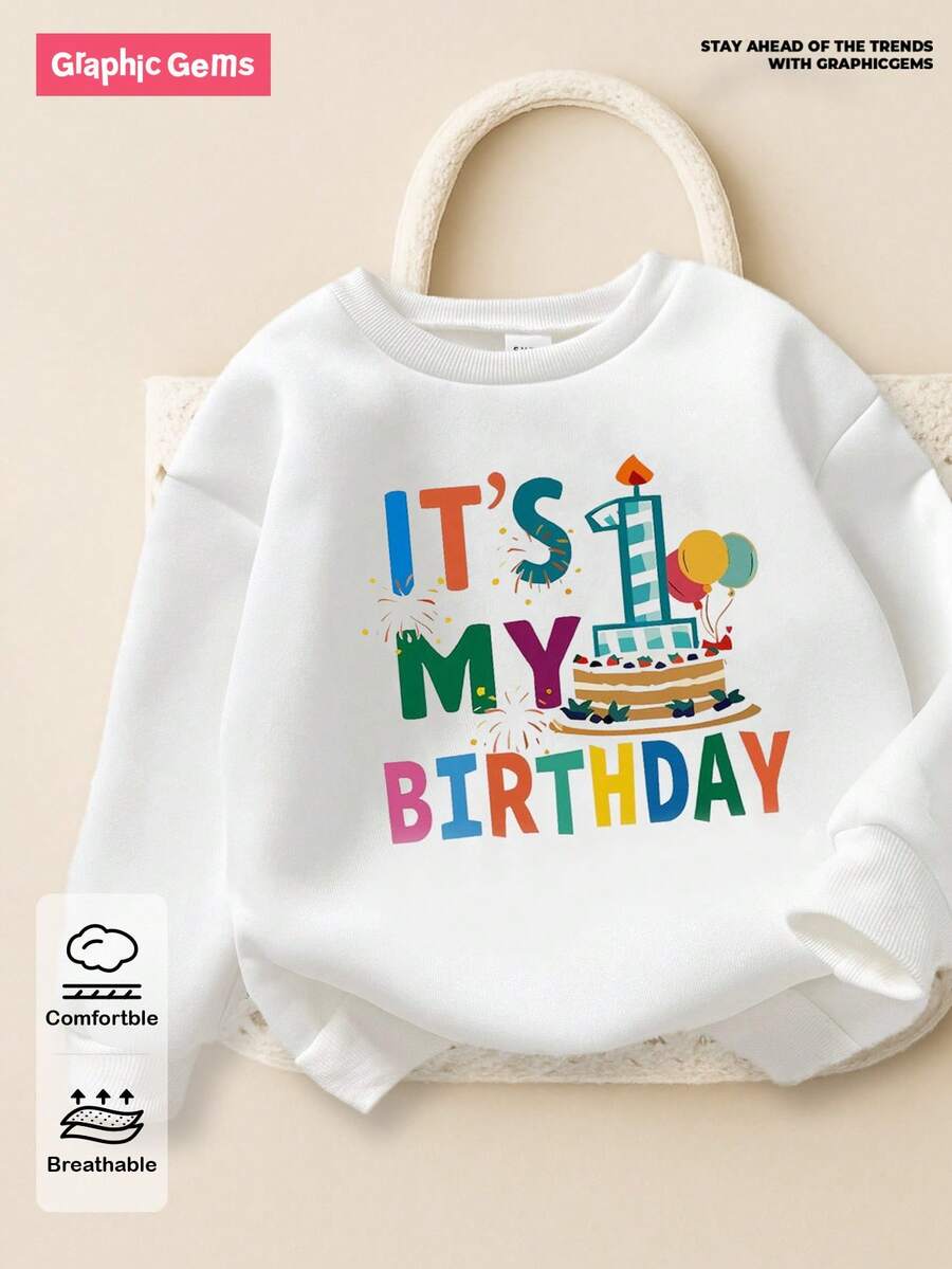 1 件男婴休闲英文口号和生日图案圆领运动衫，舒适轻便，适合秋冬季，适合派对、户外野餐、街头摄影、校园、节日、礼物