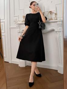 DAZY Women's Round Neck Rhinestone Embellished Short Sleeve Waist Cinched Elegant Long Dress Spring Sundress - Black - View 5