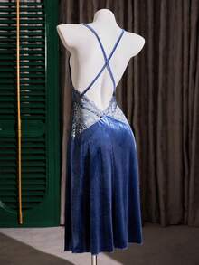 SilkySpell Women's Sexy Lace Patchwork Velvet Backless Criss-Cross Strap Long Nightgown Velvet Dress Lace Detail Dress Blue Lingerie Dress Backless Dress - Dusty Blue - View 4