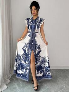 Elenzga Đầm maxi dáng chữ A thanh lịch cổ điển dành cho nữ, viền bèo nhún, thắt eo, họa tiết in, thích hợp cho mùa xuân/hè. - Xanh và trắng - Xem 4