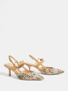 CUCCOO TILAWA 女士休闲舒适通勤刺绣布艺高跟鞋，时尚优雅精致金色圆扣细跟套脚户外商务通勤派对凉鞋 - 杏色 - 查看 4