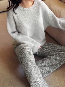 DAZY 2pcs Ink Texture Wide Leg Pants & Knit Pajama Set, Winter Home Wear